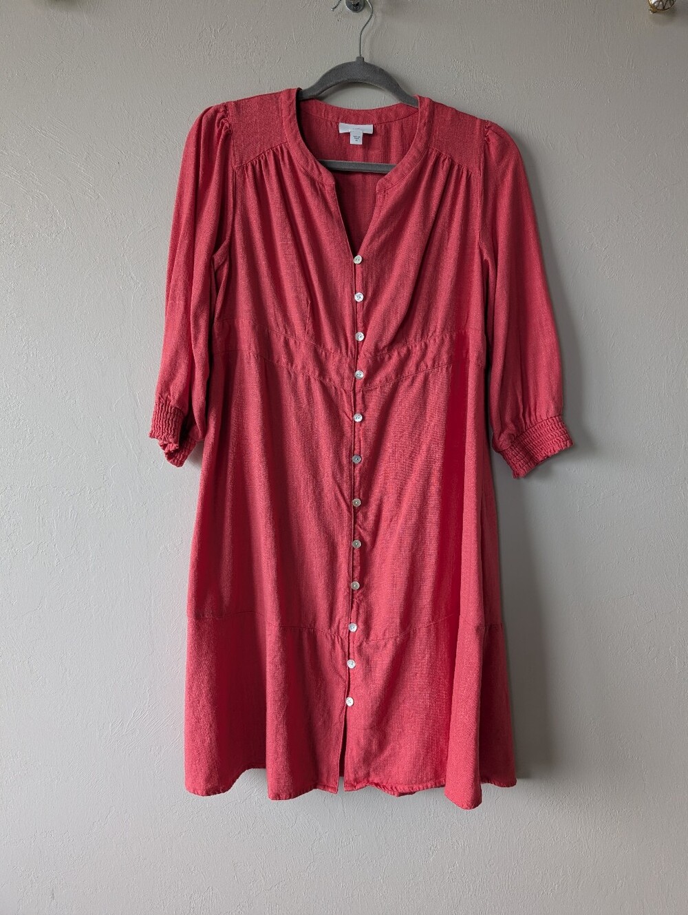 J. Jill Pink Coral Button-Front Midi Dress Viscose Rayon Linen Size XS